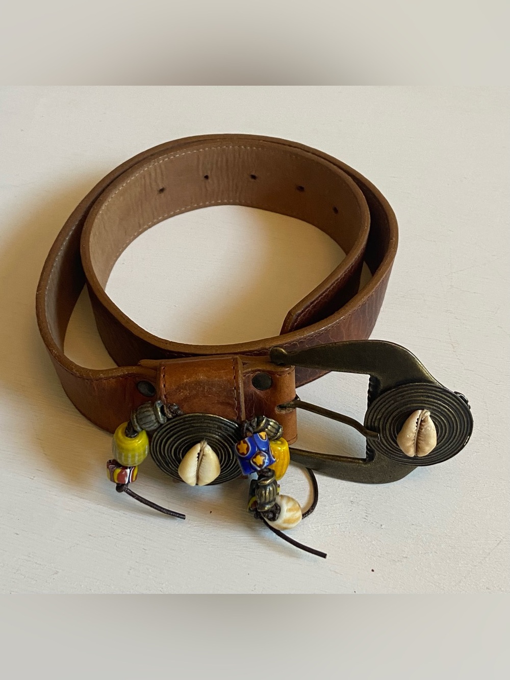 Leatherock Brown Leather Belt with Beaded Shell & Coil Buckle Size Small